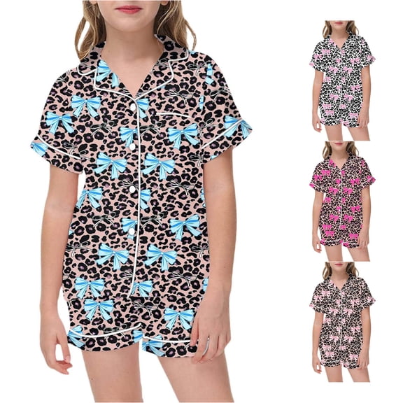 XIYON Girls Pajamas Set Leopard Print Flannel Cozy Two Piece Sleepwear With Bow Detail Soft Nightwear For Toddlers And Kids Nightwear 12-13 Years