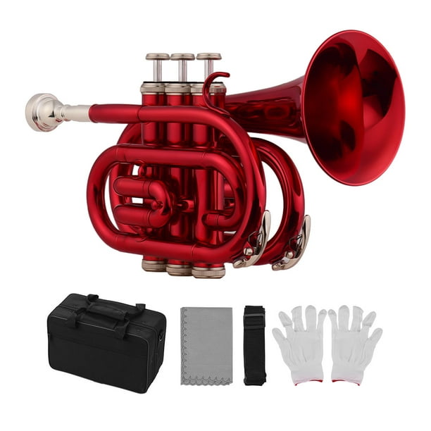 Muslady Mini Pocket Trumpet Bb Flat Brass Material Wind Instrument with  Mouthpiece Gloves Cleaning Cloth Carrying Case 