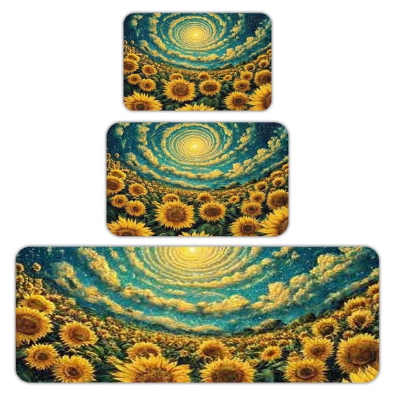 RKSupls Kitchen Rug Set 3 Piece Anti-Slip Flannel Floor Mats, Sunflowers Swirl Sky Washable Absorbent Runner Mats for Kitchen Bathroom Home Decor