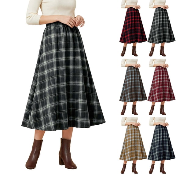 DYTTDG Women's Classic Plaid High-Waist A-Line Midi Skirt | Elastic Waist Mid-Calf Flared Skirt, Casual Spring-Fall Outer Bottom for Daily & Vacation Occasions