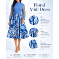 thumbnail image 6 of Plus Size Denim Floral Print Midi Dress, High Neck Mesh Sleeve Belted A-Line Dress with Front Slit & Pockets, 6 of 6