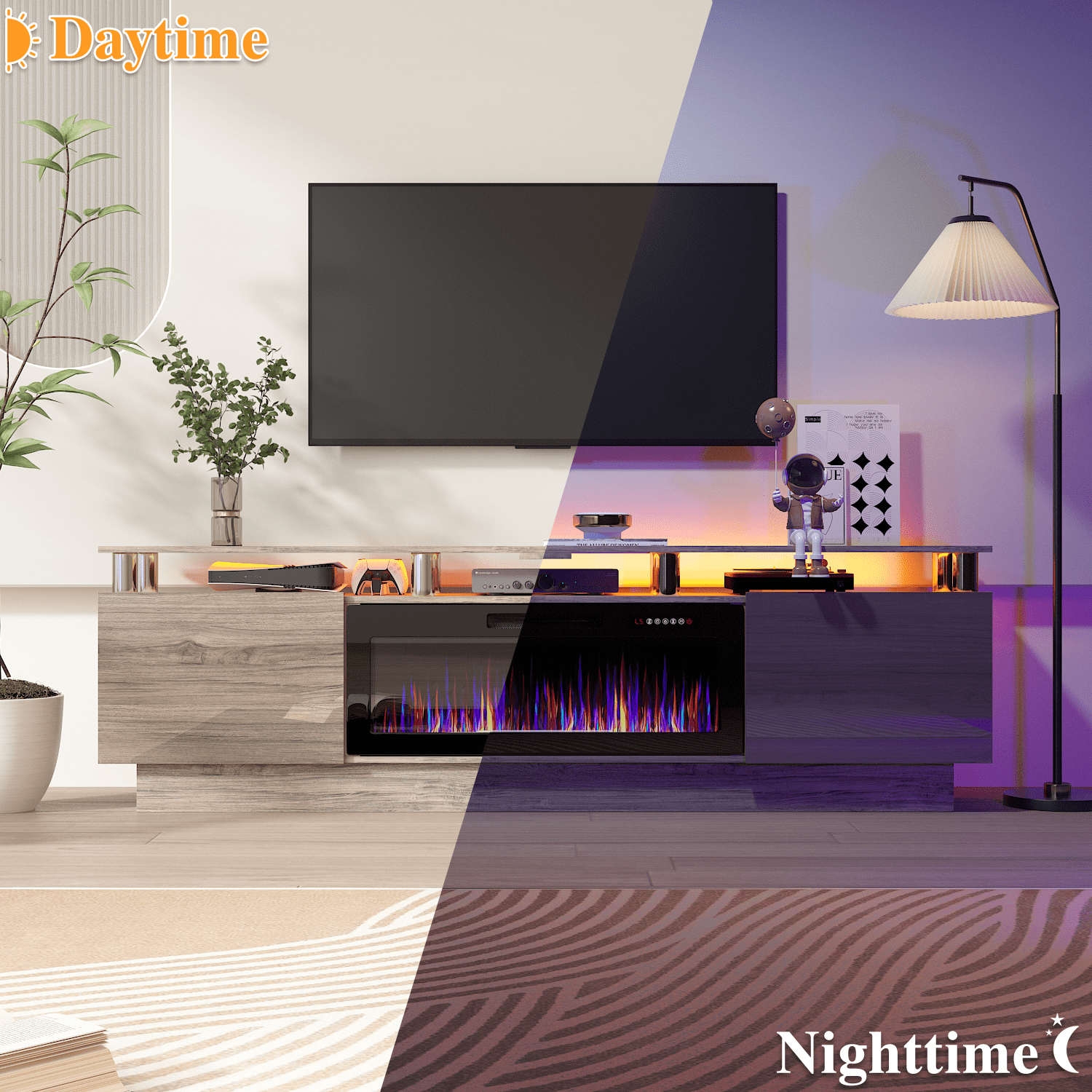 BOSSIN Fireplace TV Stand with 36" Electric Fireplace for Living Room,LED Light Entertainment Center,2 Tier TV Console Stand for TVs Up to 90"