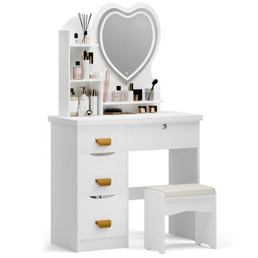 Anvazise Makeup Vanity Desk with LED Lighted Heart-shaped Mirror, Vanity Table with 4 Drawers and Opening Shelves, Bedroom Dressing Table with Stool