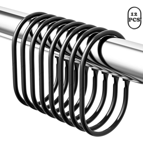 TABGIME Brushed Matte Black Metal Rustproof Oval Shaped Shower Curtain Rings Hooks, 12 Count