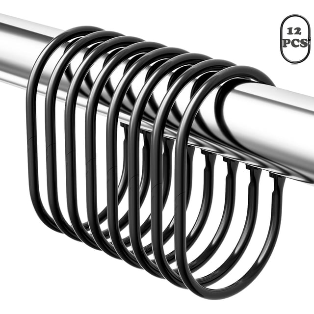 TABGIME Brushed Matte Black Metal Rustproof Oval Shaped Shower Curtain Rings Hooks, 12 Count