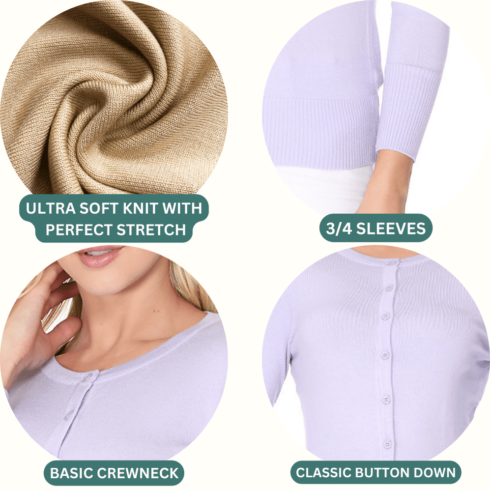 YEMAK Women's Knit Cardigan Sweater – 3/4 Sleeve Crewneck Basic Classic Casual Button Down Soft Lightweight Top