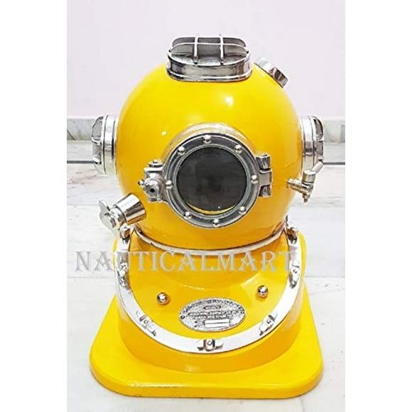NauticalMart Hand Crafted Yellow Copper Scuba Morse Boston Brass Diving Helmet US Navy Divers Helmet with Heavy Duty Wooden Stand