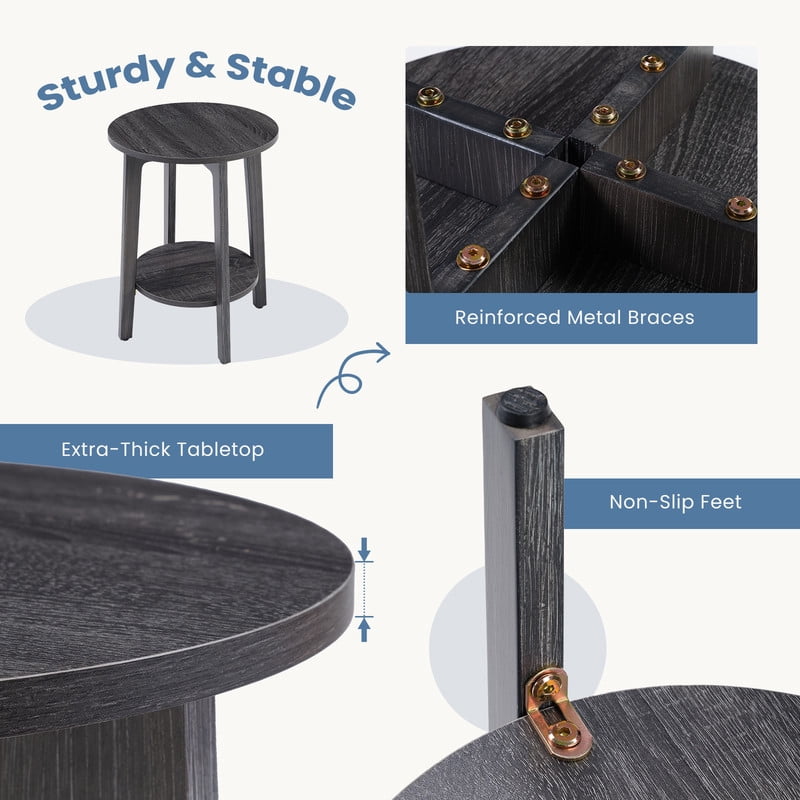 Gianna 2-Tier Round Side Table with Tapered Legs, Small End Table for Living Room & Bedroom,Gray