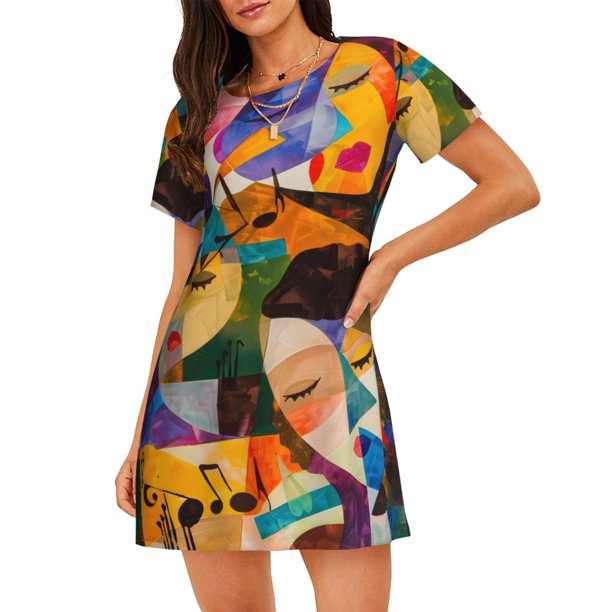 Fotbe Abstract Musical Faces Bata de Dormir para Mujer con Estampado, Camisón de Algodón de Manga Corta, Ropa de Dormir Casual