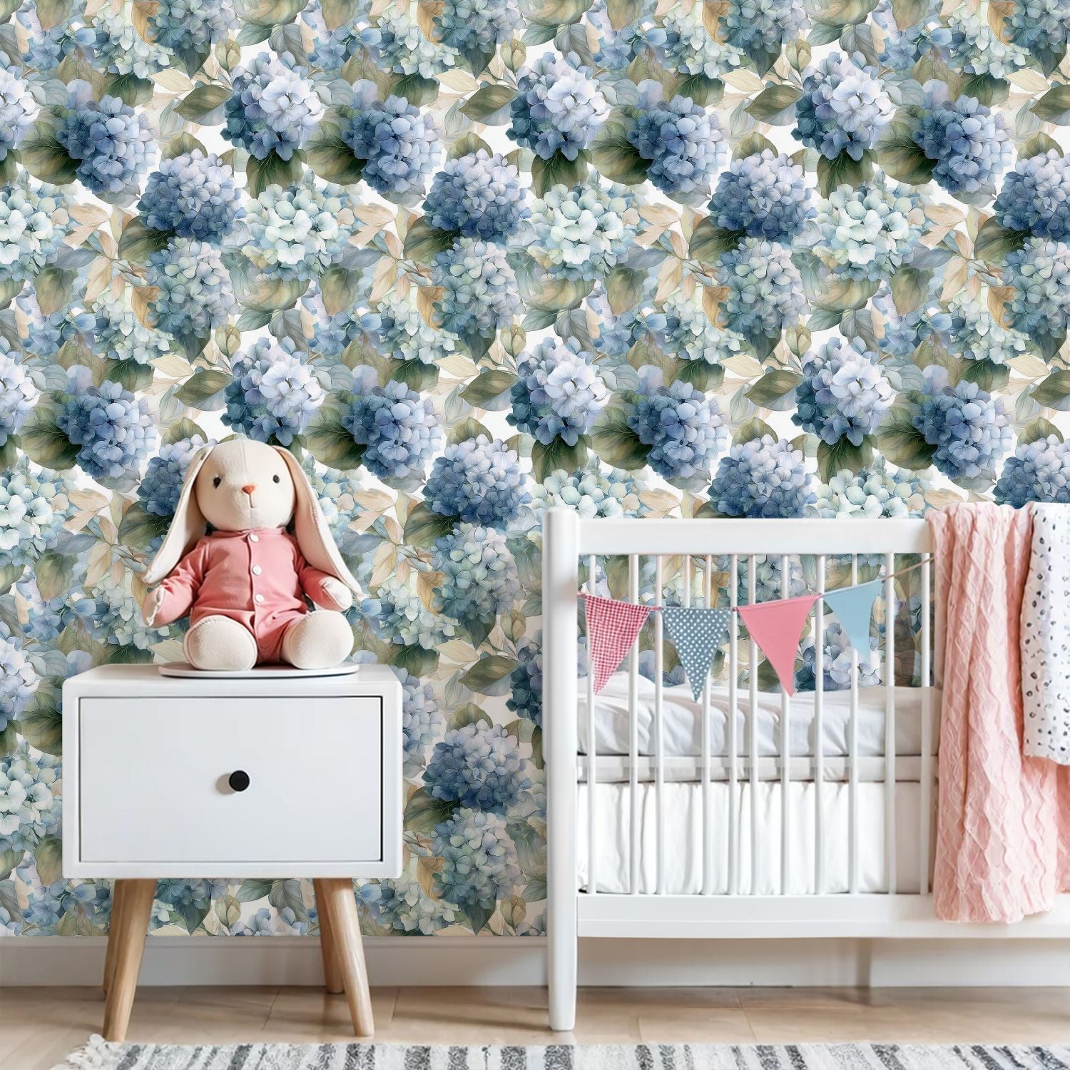 Peel and Stick Wallpaper Delicate Blue Hydrangea Flower Soft Green Leaves Wall Mural 23.6in x 9.8ft Self Adhesive Removable Wall Paper Renter Friendly Wallpaper for Nursery Bedroom Cabinets