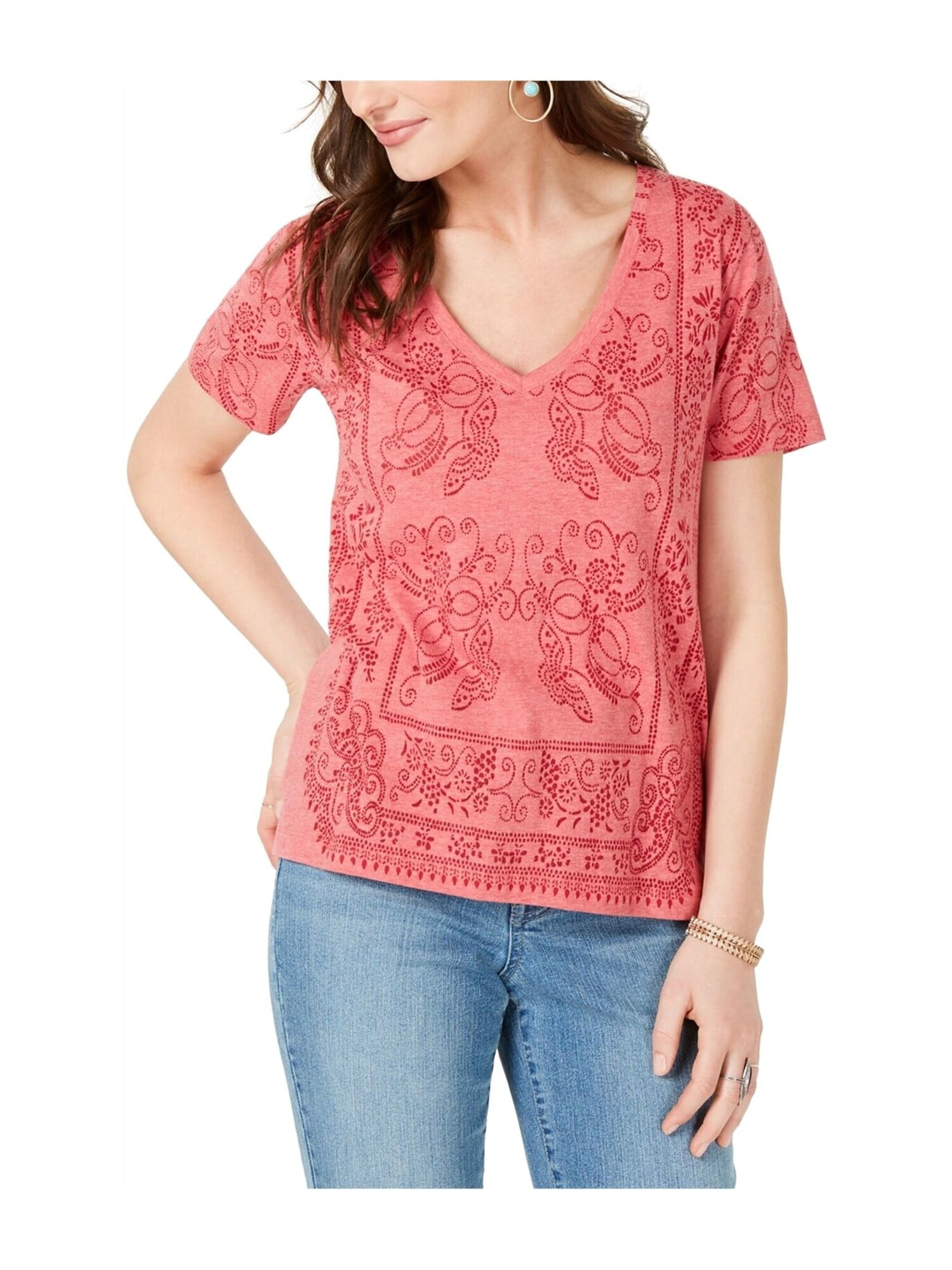 Lucky Brand LUCKY BRAND Womens Red Printed Long Sleeve V Neck TShirt