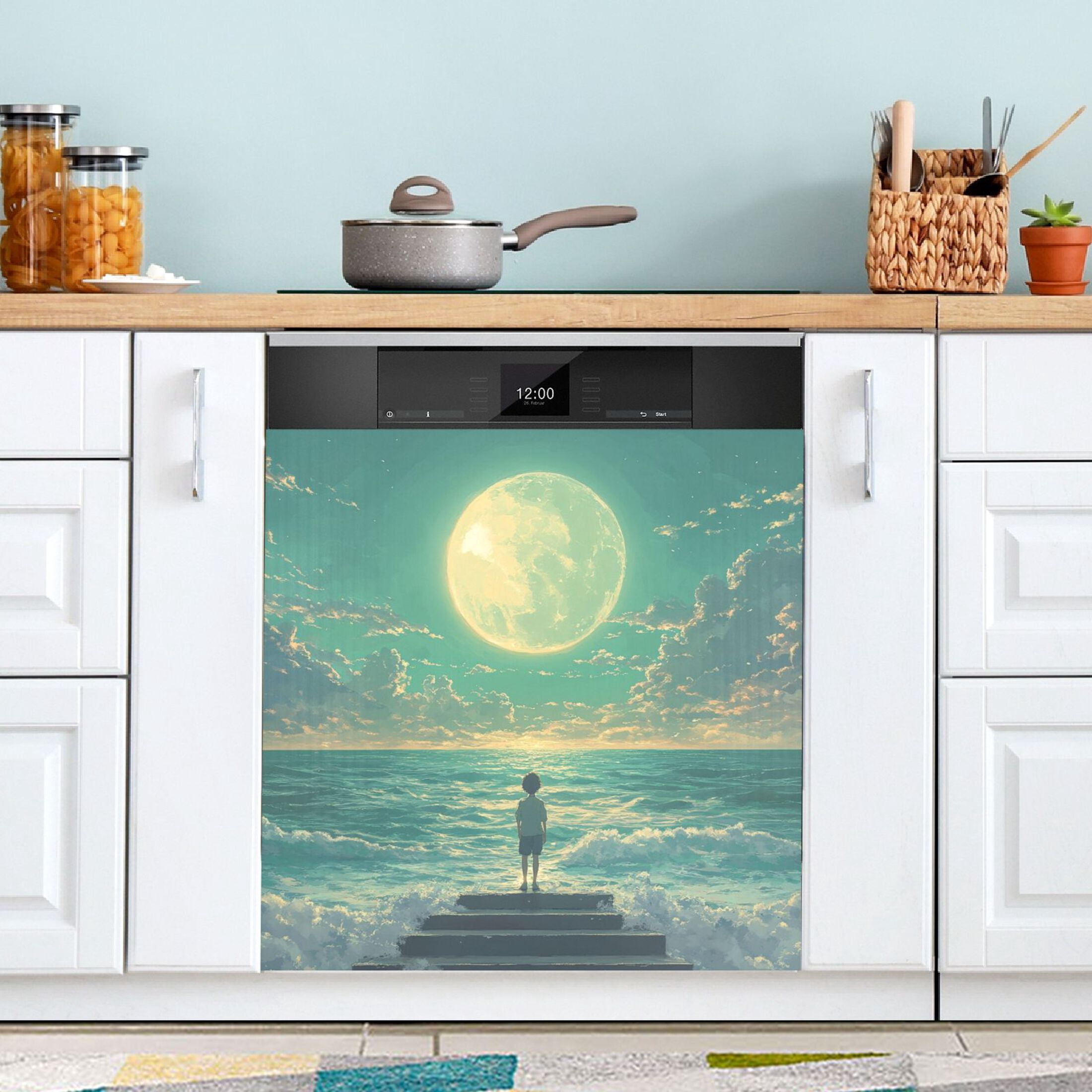 Dishwasher Magnetic Sticker 23x26 Inch Refrigerator Magnetic Sticker Washing Machine Magnetic Sticker Kitchen Panel Magnetic Sticker Home Decor Boy Moon Sea