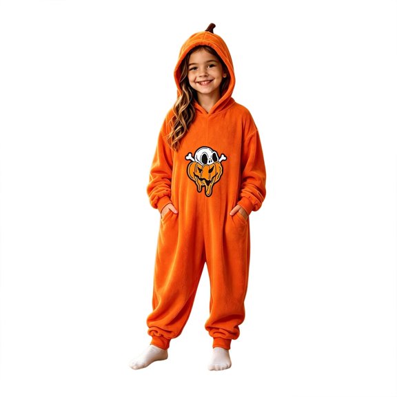 Rhuody Girl Halloween Onesies Halloween Crewneck Pajamas Long Sleeve Cartoon Pumpkin Prints Jumpsuit 4-5 Years Orange