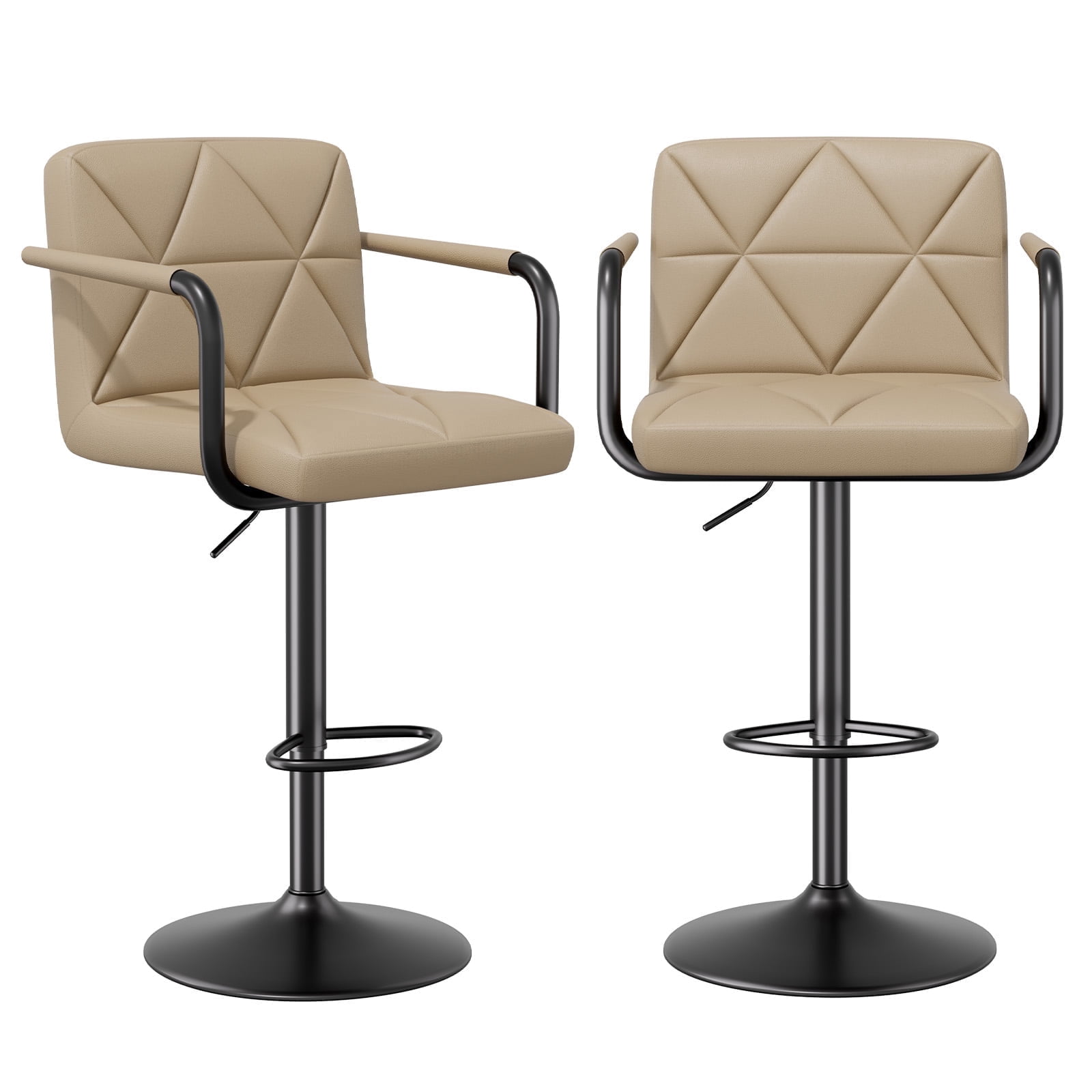Daluvenix Bar Stools Set of 2， PU Leather Adjustable Swivel Barstools，Hydraulic Counter Height Bar Chairs with Armrest Back for Kitchen Island，Khaki
