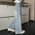 thumbnail image 2 of Girls Wide Leg Baggy Jeans Kids Fashion Pleated Elastic High Waist Denim Pants with Pockets 5-14 Years Flare Jeans For Girls Size 8, 2 of 7