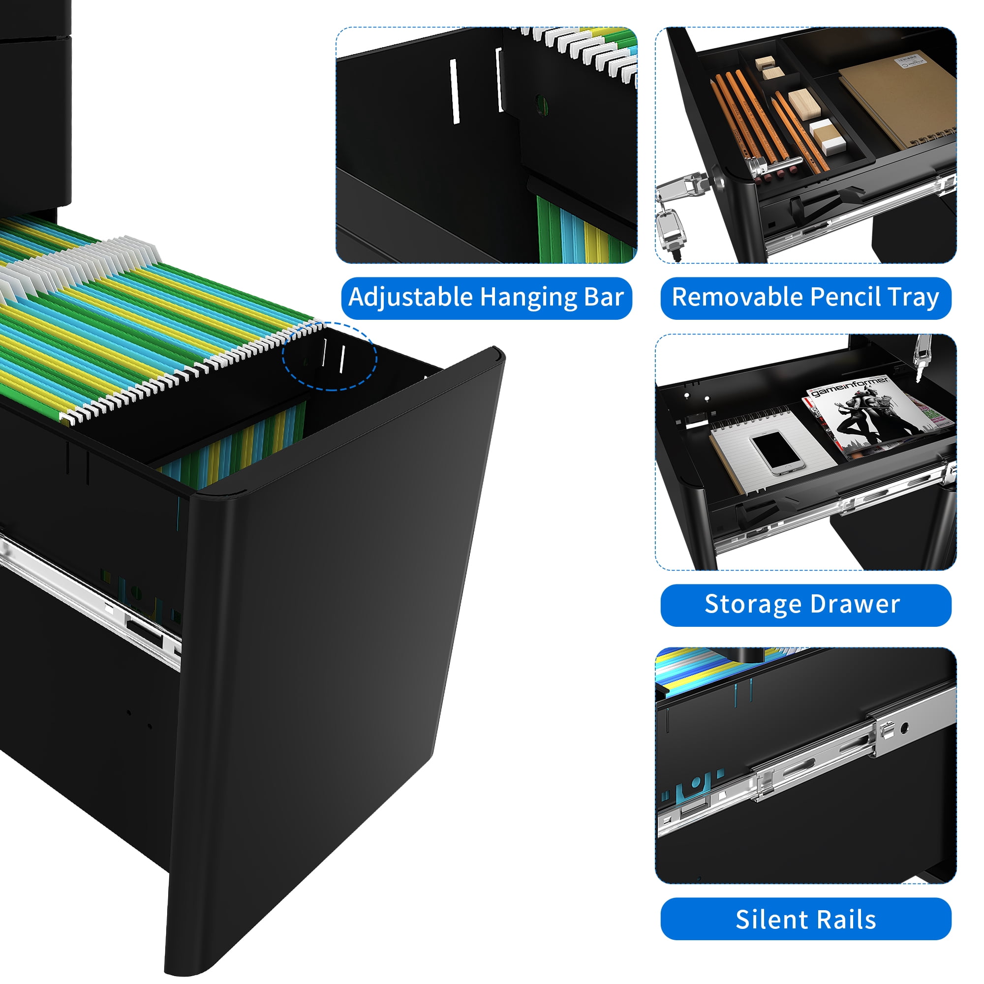 Dextrus 3-Compartment Secure Locking File Cabinet, Mobile Steel Office Document Storage, Suitable for Legal/Letter Files, Pre-Built