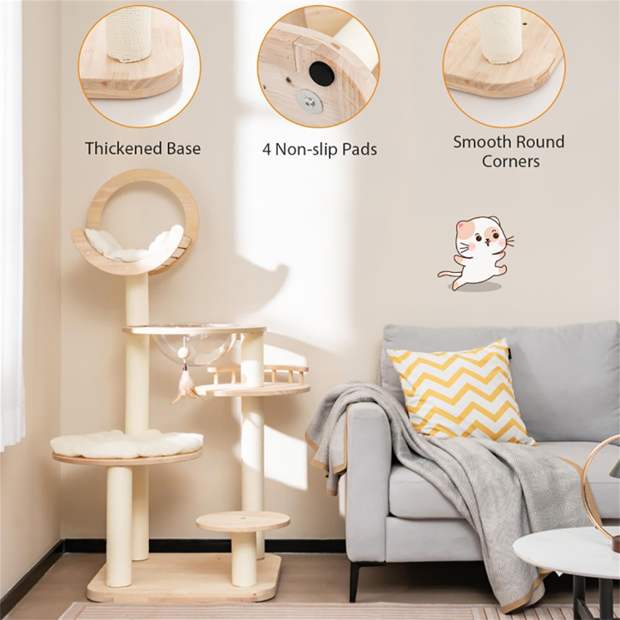 Kadyn 57" Modern Cat Tree Tower for Indoor Cats, 4-in-1 Large Wood Cat Condo with Scratching Post and Removable Pads for Small Large Cats, Beige