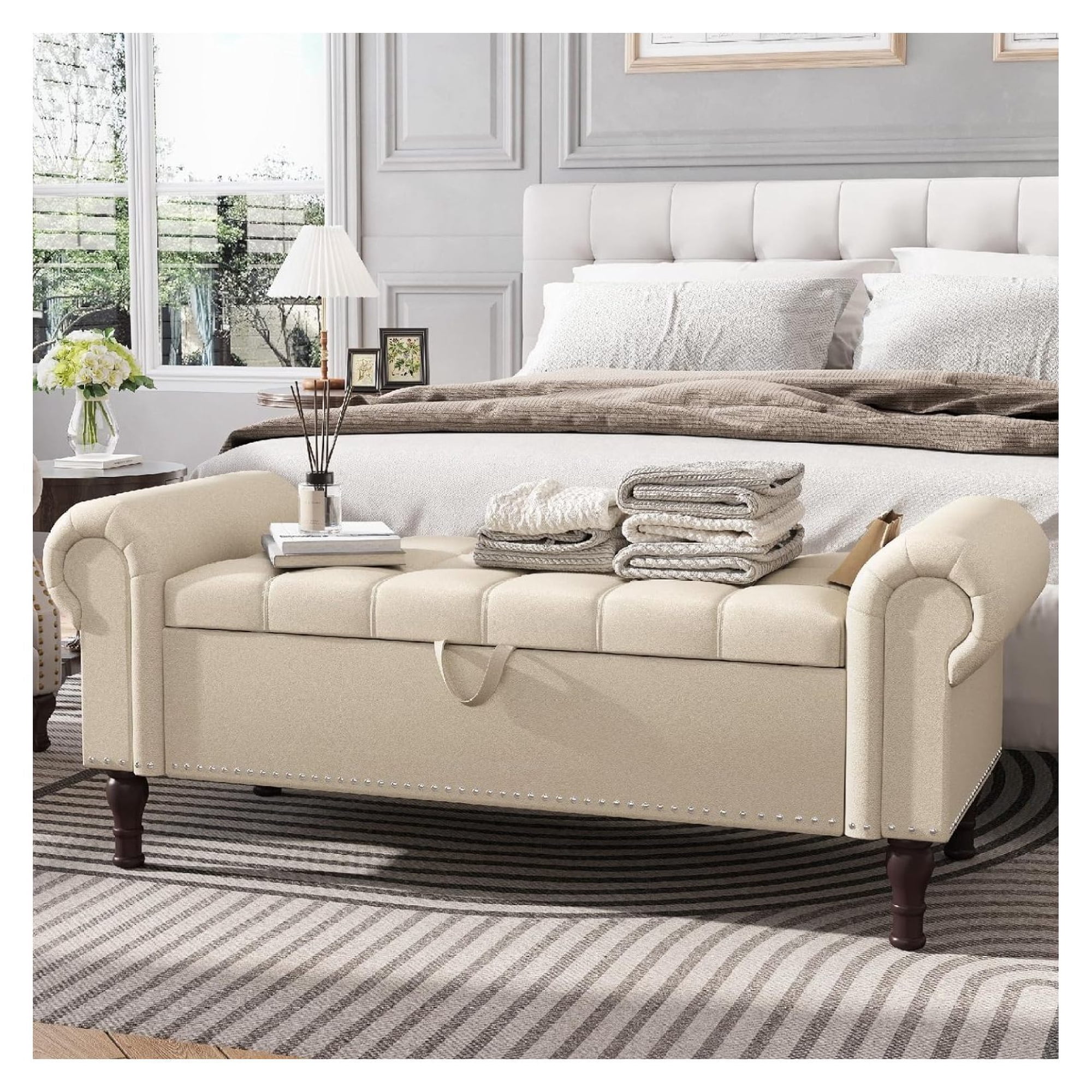 YOSITiuu 51”Storage Ottoman Bench Soft Faux Leather Indoor Bench with Rolled Arm and Vintage Rivets Large Storage Chest for Bedroom Living Room Entryway,Beige