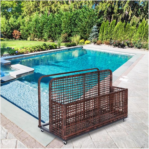 GAOMON Outdoor Pool Storage Organizer - Rattan Poolside Cart with Wheels for Floats, Towels, Toys & Patio Accessories - Durable & Portable,Brown