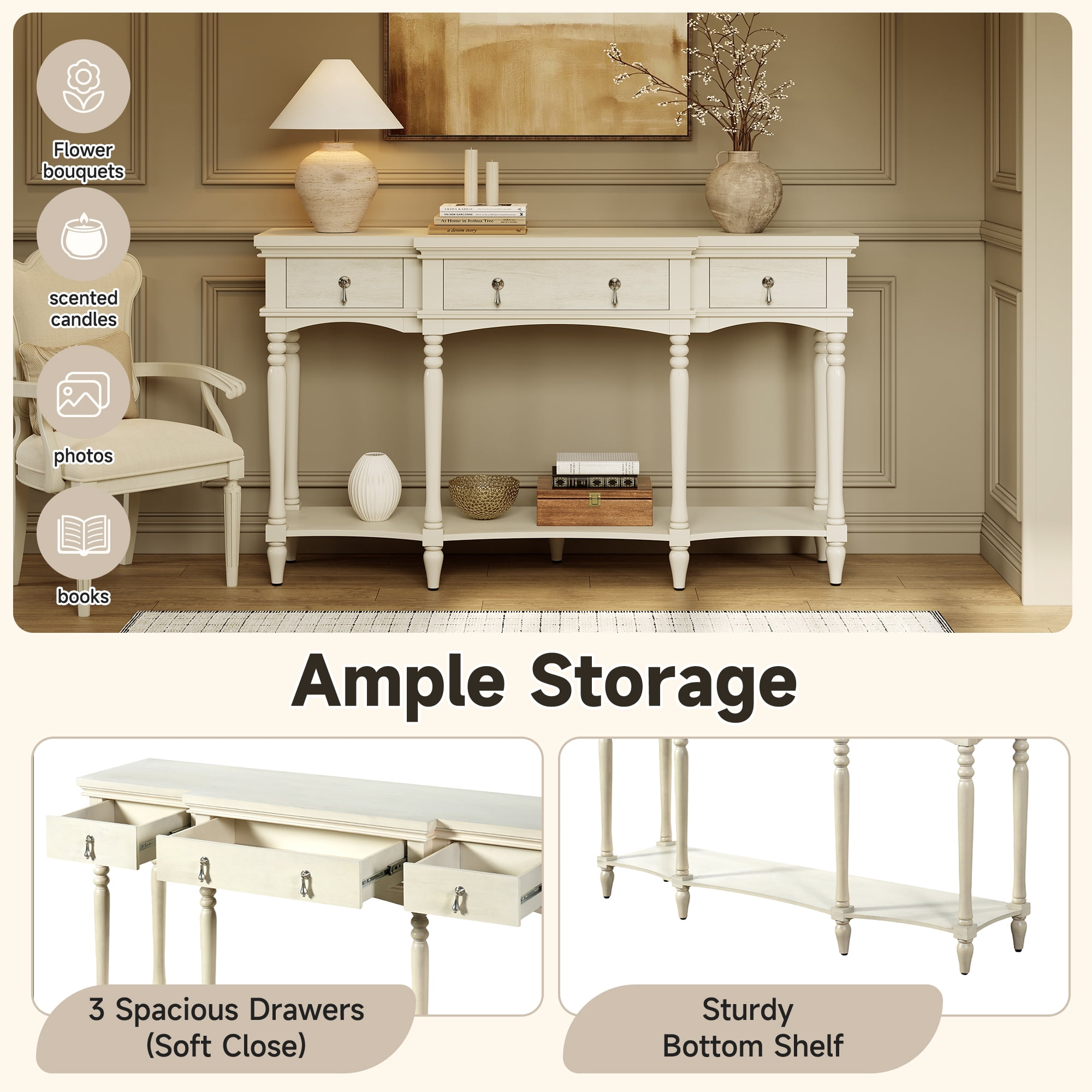 Euroco 57.8" Console Table with 3 Drawers, Narrow Long Sofa Table with Bottom Storage Shelf & Turned Roman Legs, Entryway Table for Living Room, Hallway,White