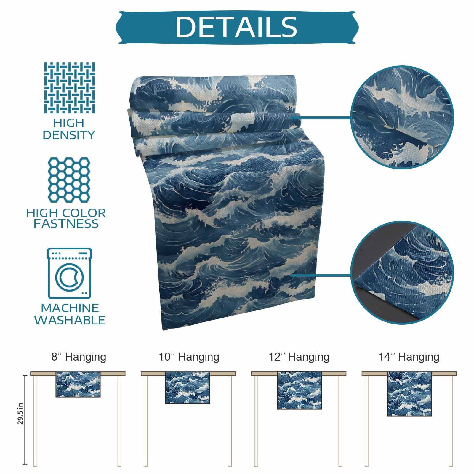 nqOlkjepod Ocean Waves Table Runner 70 Inches Long Farmhouse Dress Scarves, Summer Beach Coastal Nautical Burlap Dining Tablerunner for Coffee Table/Kitchen Island/Party Décor, 13" x 70"