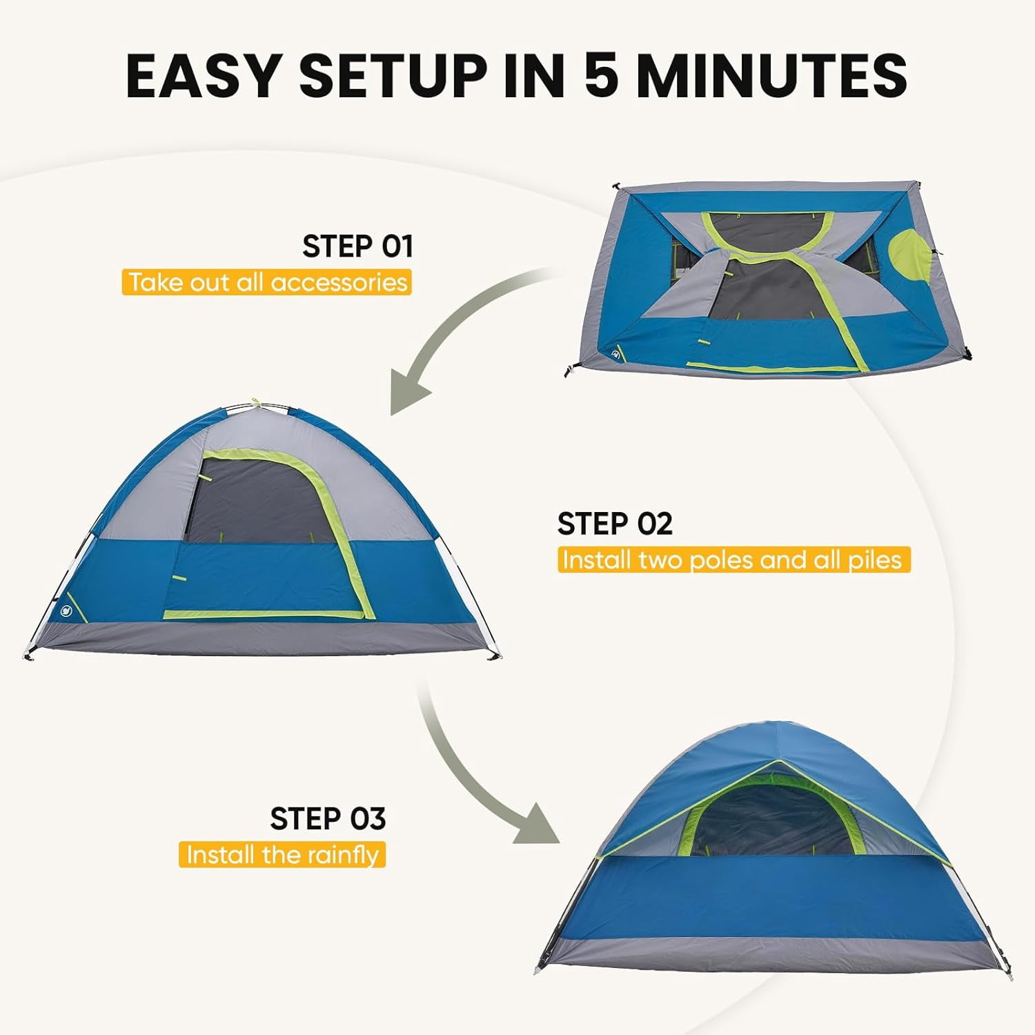 4-Person Camping Tent Lightweight Waterproof Windproof Dome Tent with Rainfly for Outdoor Hiking Backpacking Beach