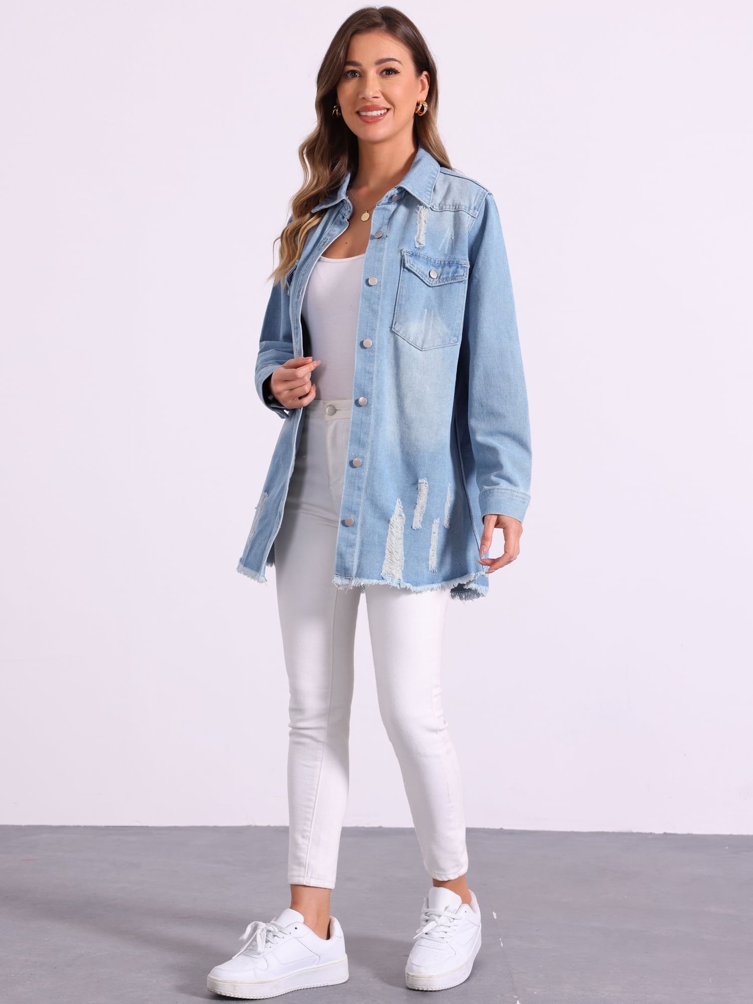 DARING DIVA Women's Distressed Frayed Hem Denim Jacket L Light Blue