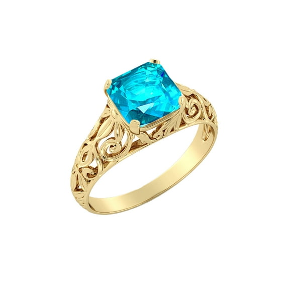 Blue Topaz 2 CT Ring 14K Yellow Gold Vintage Art Deco Filigree