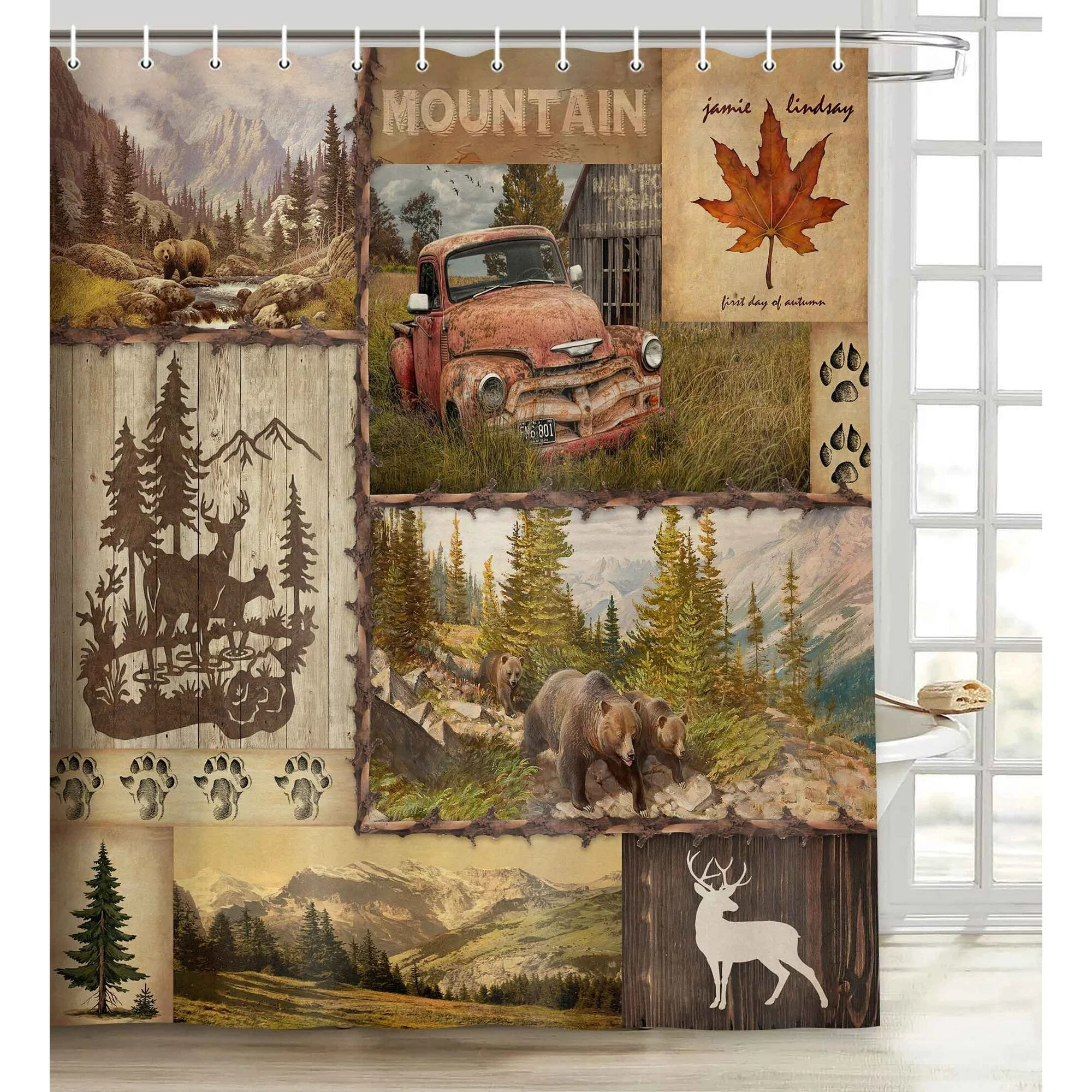 Rustic Shower Curtain, Country Woodland Mountain Bear Deer Decor Shower Curtains Set with Hooks, Western Farmhouse Fabric Bathroom Curtains, 72X72 Inches