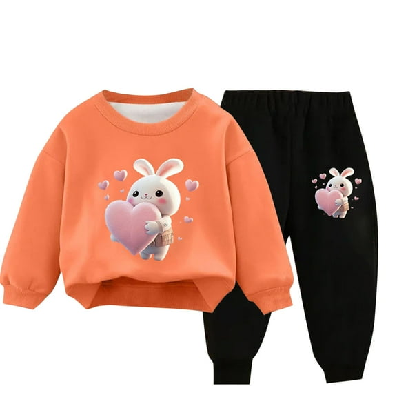 Toddler Tracksuit Girl 4T 2PCS Fall Loungewear Outfits Rabbit Cute Print Crewneck Sweatshirt Joggers Sweatpants 3-9T, Orange, 5 Years