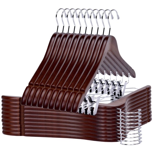 Perchas de madera de calidad con clips para pantalones, perchas de madera maciza lisa con clips de metal ajustables duraderos, gancho giratorio, abrigo, chaqueta, blusa, perchas para trajes (nogal - g