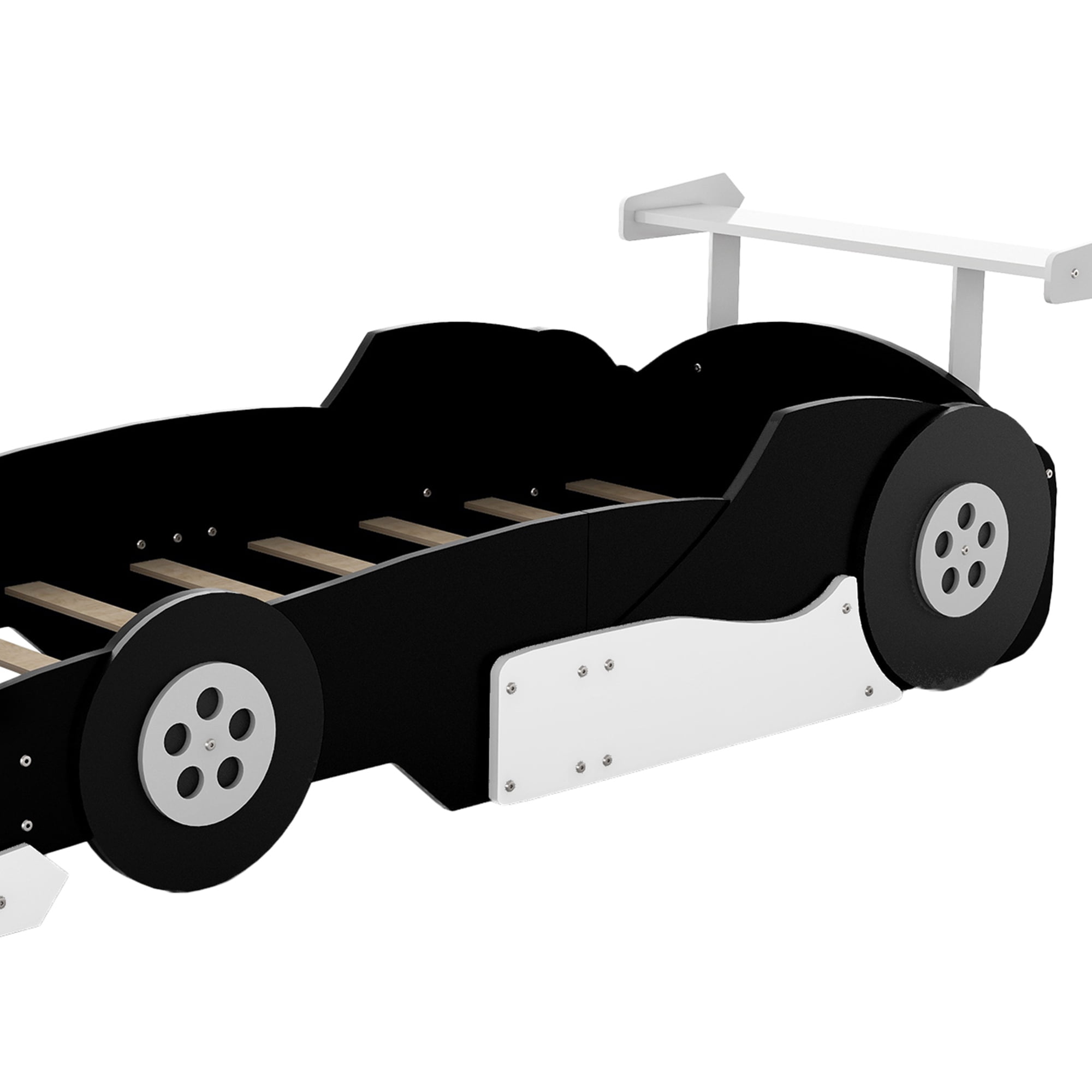 Aukfa Twin Size Race Car Bed for Kids/Toddlers, Wooden Car-Shaped Platform Bed with Wheels and Safety Guardrails, Black