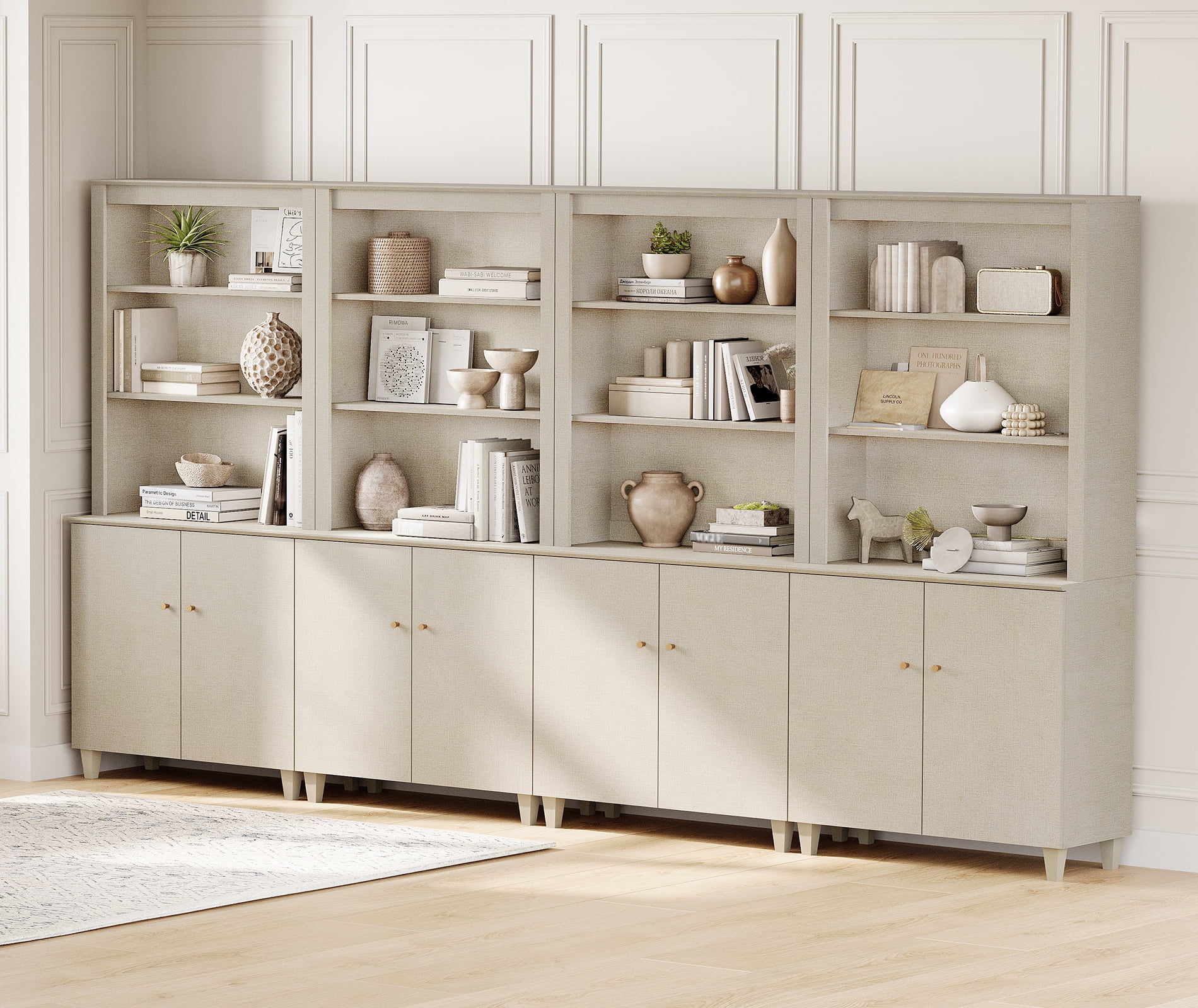 Modern 71" Tall Bookcase with Cabinets, 4 Columns 5-Tier for Home Office,Beige Linen Printed