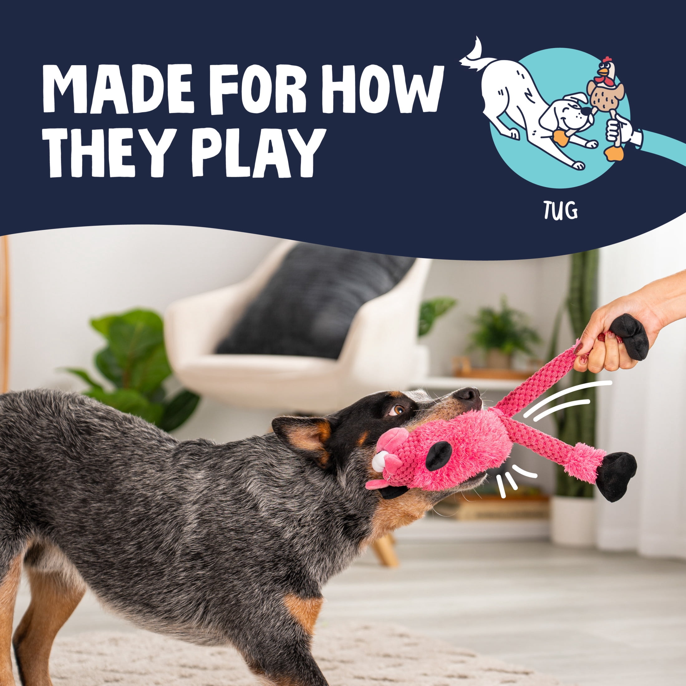 goDog Checkers Skinny Pig Tough Plush Toy with Chew Guard Technology, Durable Checkered Fabric & Squeaker for Active Play, Small