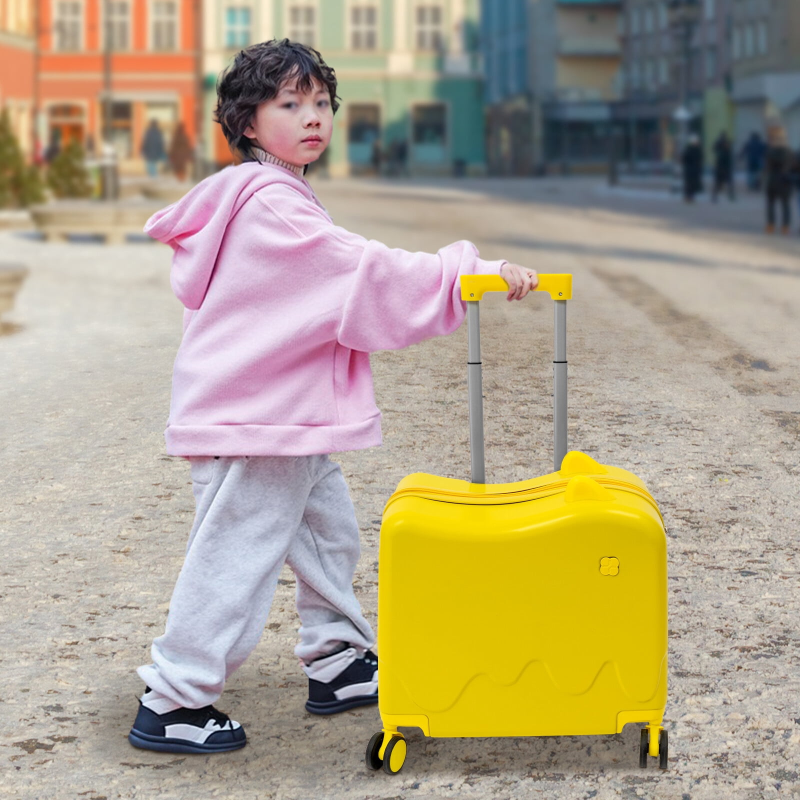 Ride-On Kids Suitcase 18" Hard Shell Luggage with Wheels, 37L Carry-On with Lock, Adjustable Handle & Seat for Toddlers Ages 3-6 - Yellow