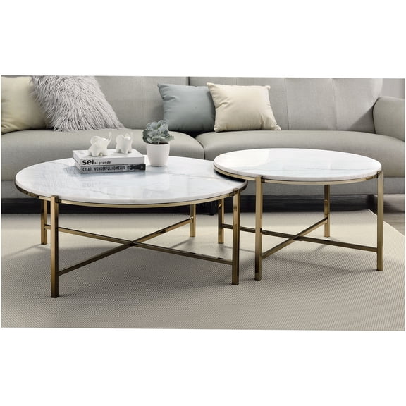 JERFIT Nesting Tables Set with White Marble Tops, Nickel Metal Side End Tables for Living Room, Space Saving Accent Tables