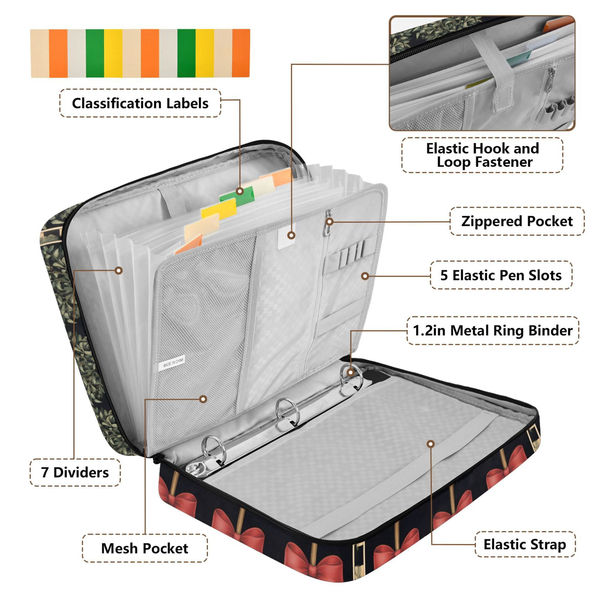 FORMRS Accordion File Folder A4 Size 7-Pocket Expanding Document Organizer Bag with 3 Ring Binder, Beige Striped Trees