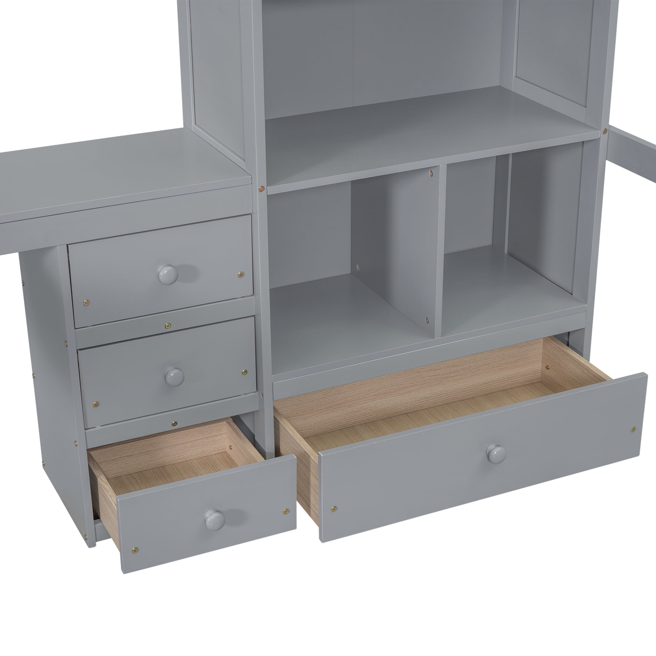 Noble House Modern Full Size Loft Bed with Desk, Storage Shelves and Built-in Ladder, Pine Wood Frame with Guardrails, Grey