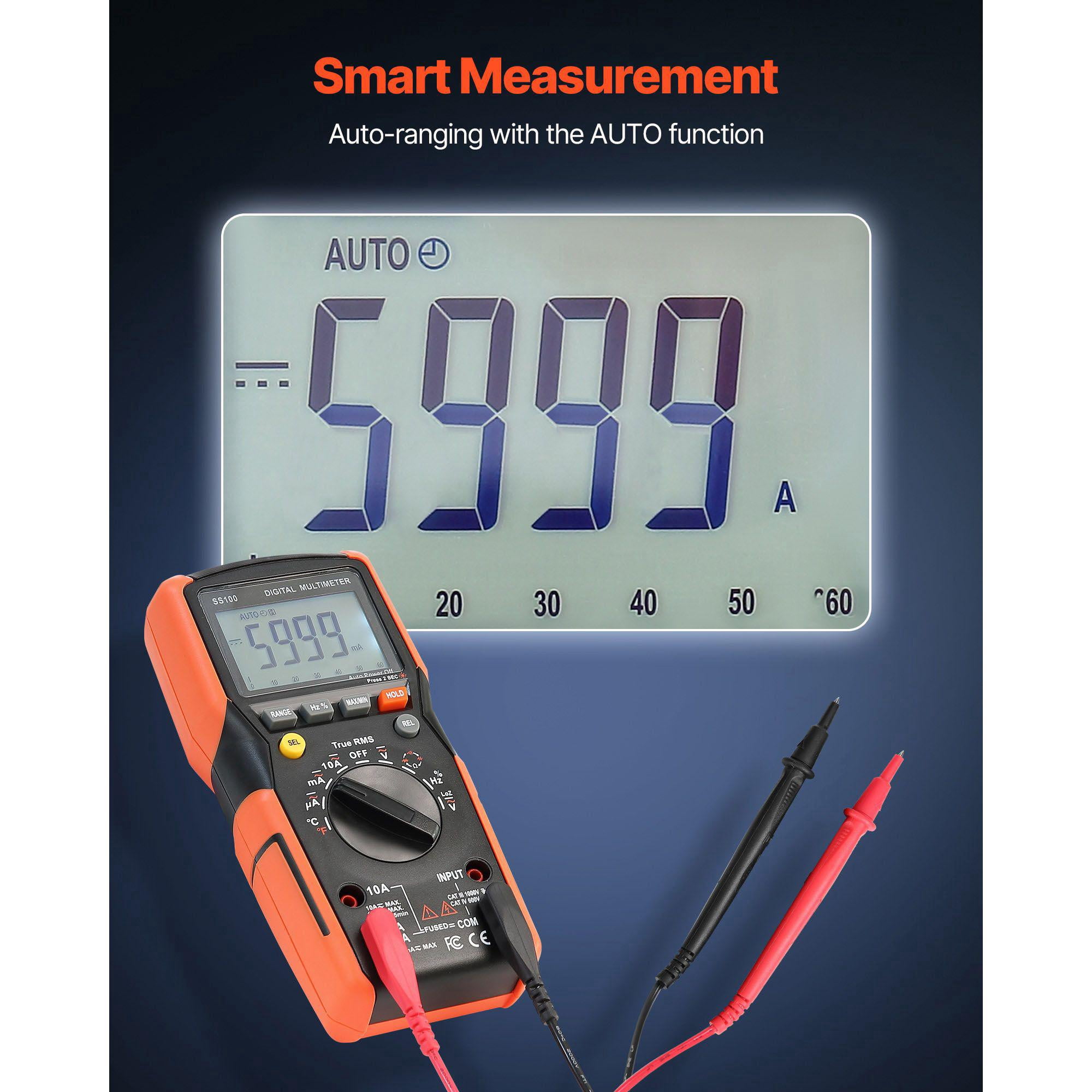 Digital Multimeter 6000 Count TRMS Auto Ranging DC AC Voltmeter Current Tester for Voltage Resistance Capacitance Temperature Diodes Continuity Low Impedance Measurement