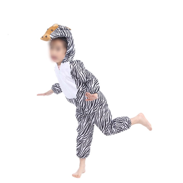 eeasemx disfraz de cebra para niños disfraces de animales para halloween cosplay performance - talla m para altura 90-105 cm Niño con disfraz entero tipo cebra en vista 3/4; capucha con hocico y ojos impresos, cuerpo de tela multicolor con rayas blancas y negras y panel frontal blanco, mangas y pantalones holgados hasta los tobillos sobre fondo blanco; ideal para Halloween, cosplay y obras escolares.
