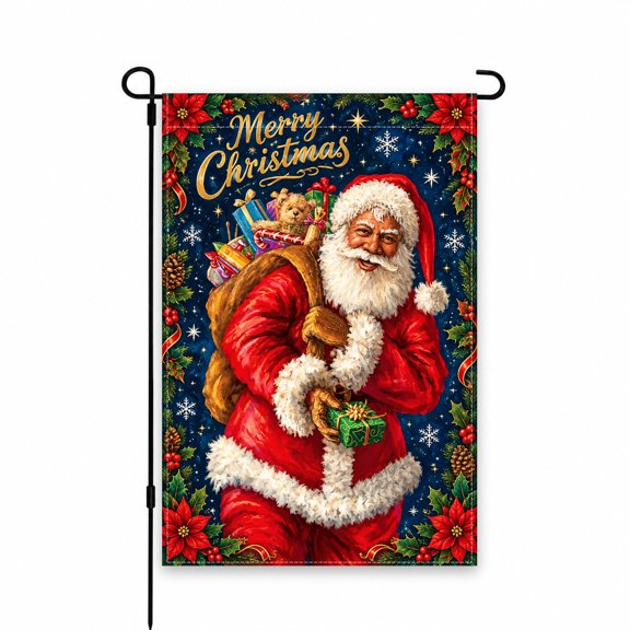 Merry Christmas Garden Flag 12x18 Inch – Santa Claus, Gifts & Poinsettias Design – Festive Outdoor Yard, Lawn, Patio, Porch Decor for Holiday Season