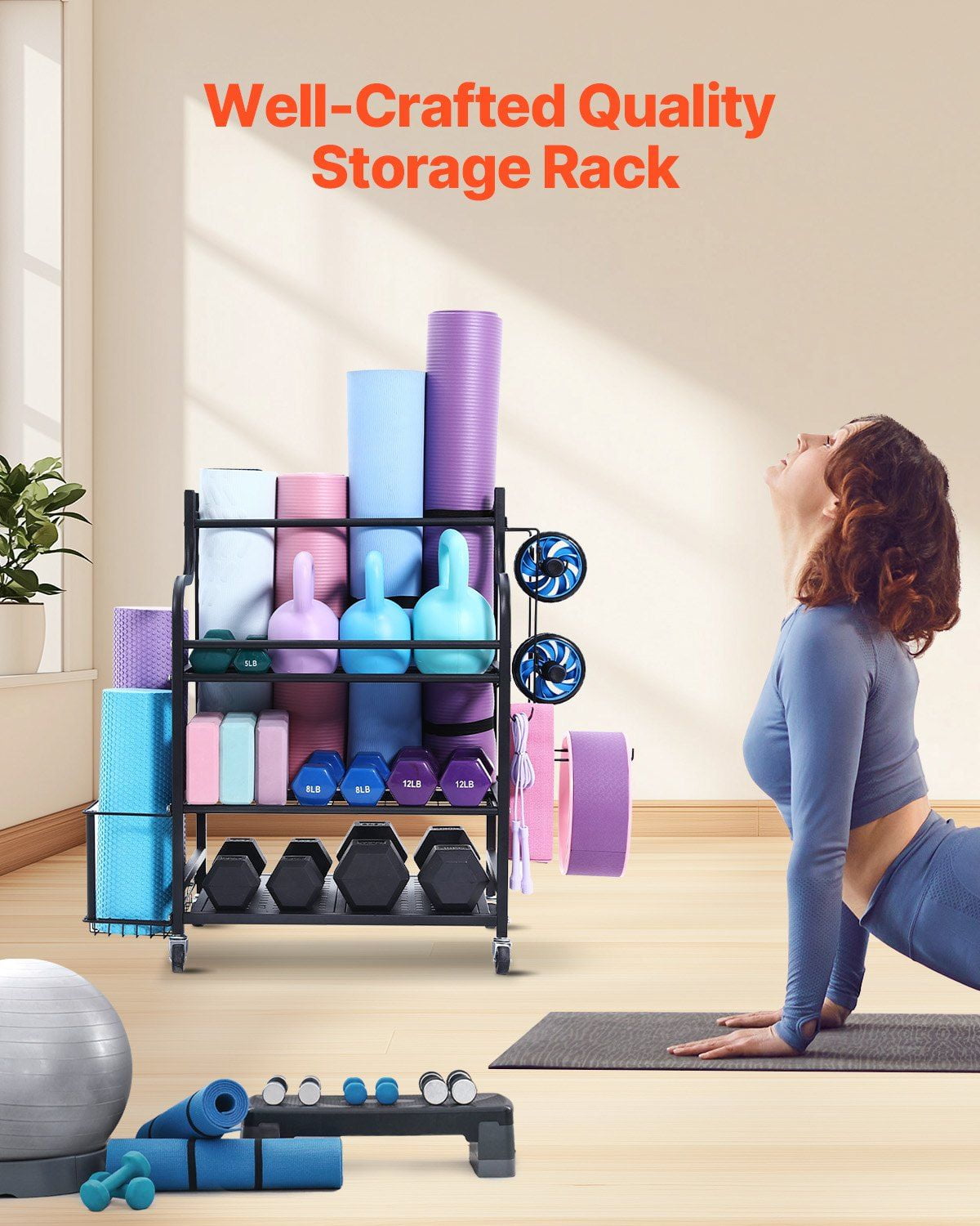 Yoga Mat Storage Rack, Home Gym Workout Equipment Organizer, Powder Coated Finish Steel Yoga Mat Holder with Hooks & Wheels, Weight Rack for Dumbbell, Kettlebell, Foam Roller, and Yoga Strap