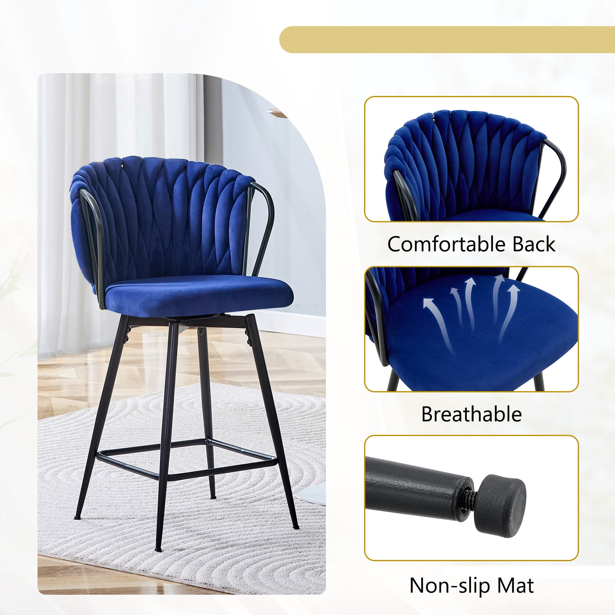 Alvantor Set of 2 Blue Velvet Braided Counter Height Bar Stools with Metal Frame