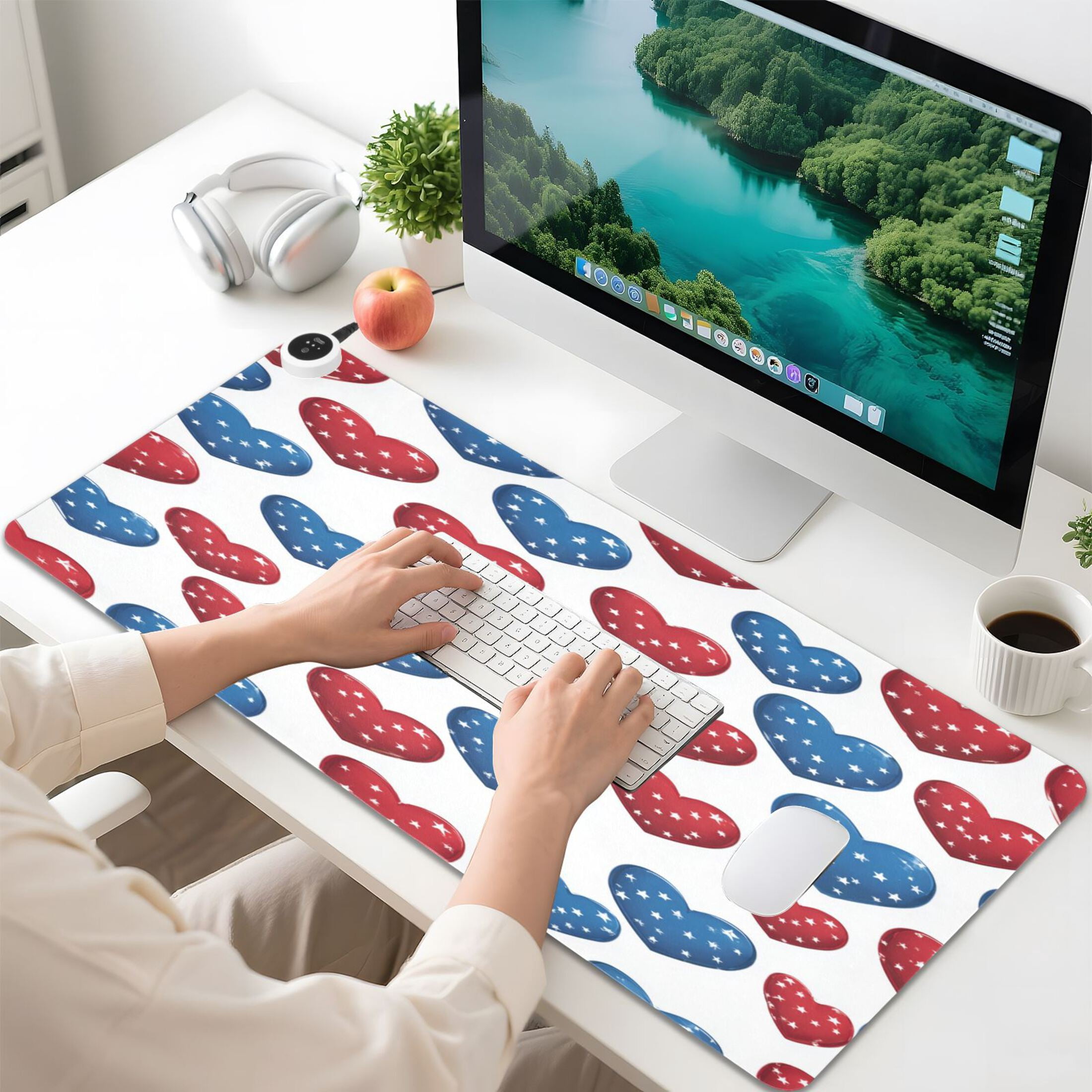 Large Heated Desk Mat Mouse Pad 31.5"x13"PU Leather Graphene Heating Desk Warmer with 3 Temperature Settings 110V US Plug Non-Slip Warm Pad for Home, Office, and Gaming Patriotic Star Hearts Print