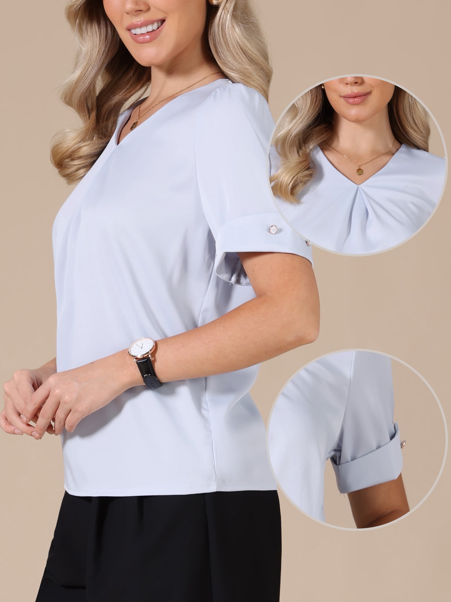 DARING DIVA Women's Satin Blouse V Neck Short Sleeve Business Work Shirt M Light Blue