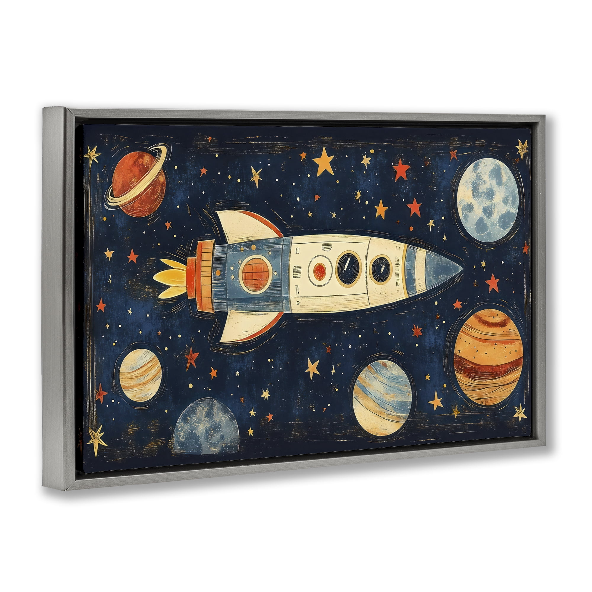 Stupell Industries Retro Rocket & Planets Gray Framed Floater Canvas Wall Art, design by Creative Studio