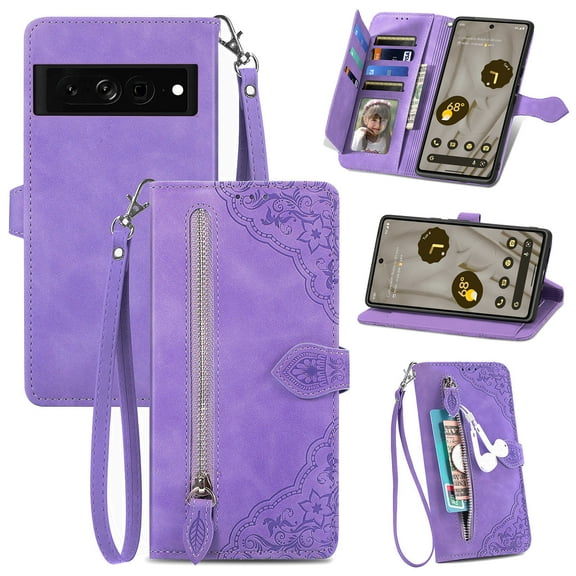 TECH CIRCLE Google Pixel 6 Pro Wallet Case,Embossed Flower PU Leather Folio Flip Protective Zipper Cover with Wrist Strap RFID Blocking Card Holder Kickstand Case for Google Pixel 6 Pro 2021,Purple