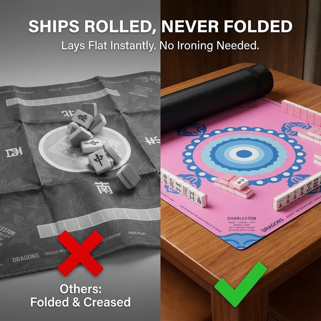 Mahjong Mat for Table – Non-Slip, Noise-Reducing & Silent Neoprene Game Mat, No Fold Marks,Ready to Use, Cover with Rules – Portable Mahjong (Pastel Pink)