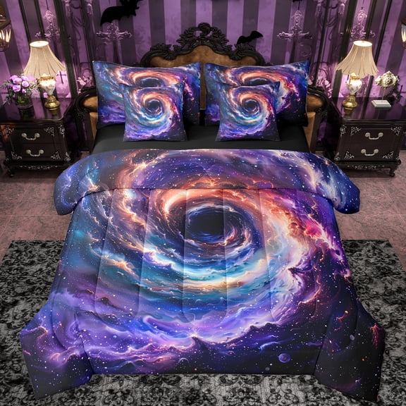 Manfei Beauty Colorful Galaxy 7-Piece Twin Bedding Sets,Starry Sky Bedding Comforter Set,Modern Aesthteic Art Sheet Sets For Girls Kids,Microfiber Bedroom Decor Reversible