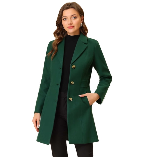 Abrigos largos de invierno con solapa con muesca y un solo pecho para mujer Verde M